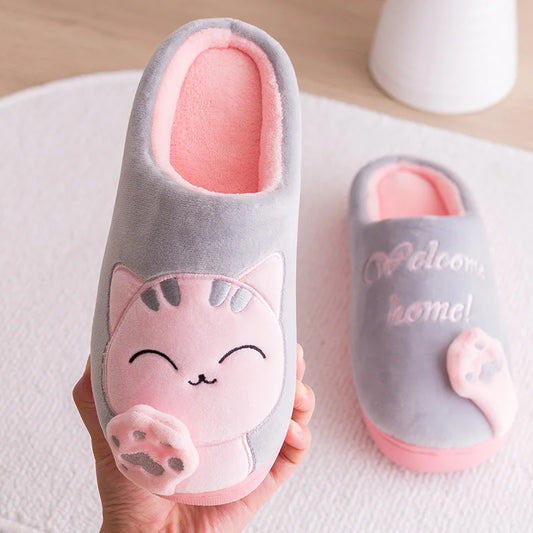 Women Home Slippers Winter Cartoon Cat Slippers Anti Slip Soft