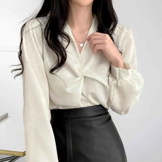 Women Shirt Korean Style Turn-down Collar Twisted Knot Long Sleeves Loose