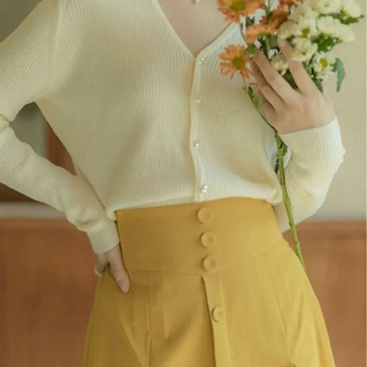 Yellow Basic V Neck Solid Knitwear Outwear for Women