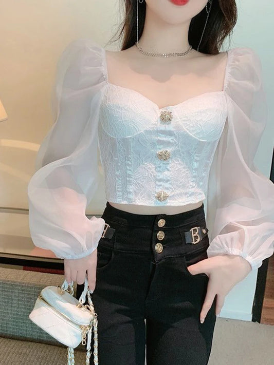 iElegant Women Lace Patchwork Shirt Sexy